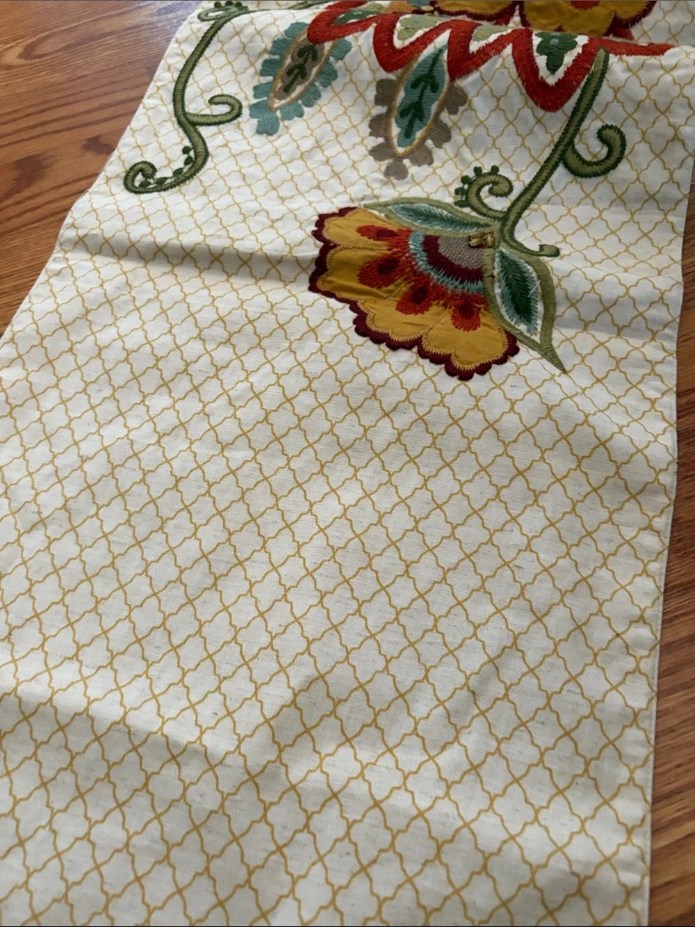 Pier 1 Embroidered Floral Table Runner in Cream, Mustard & Red